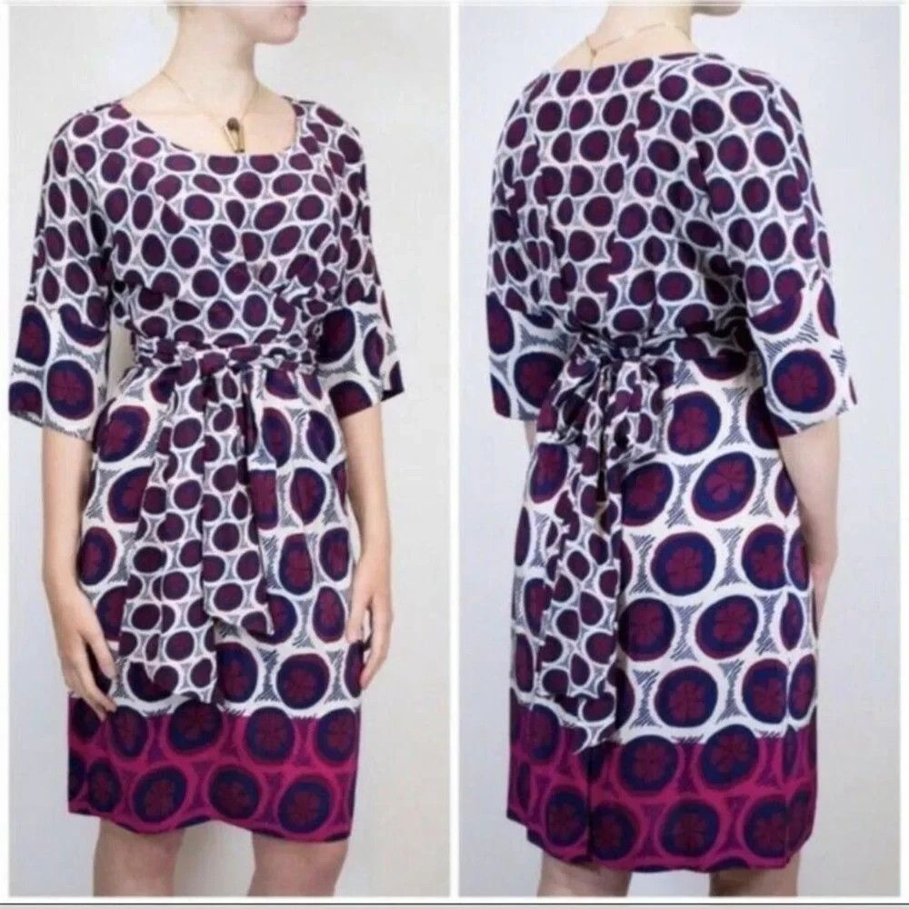 Maeve Anthropologie 100% Silk Belted Dolman Sleeve Dress Size 2 Burgundy Blue